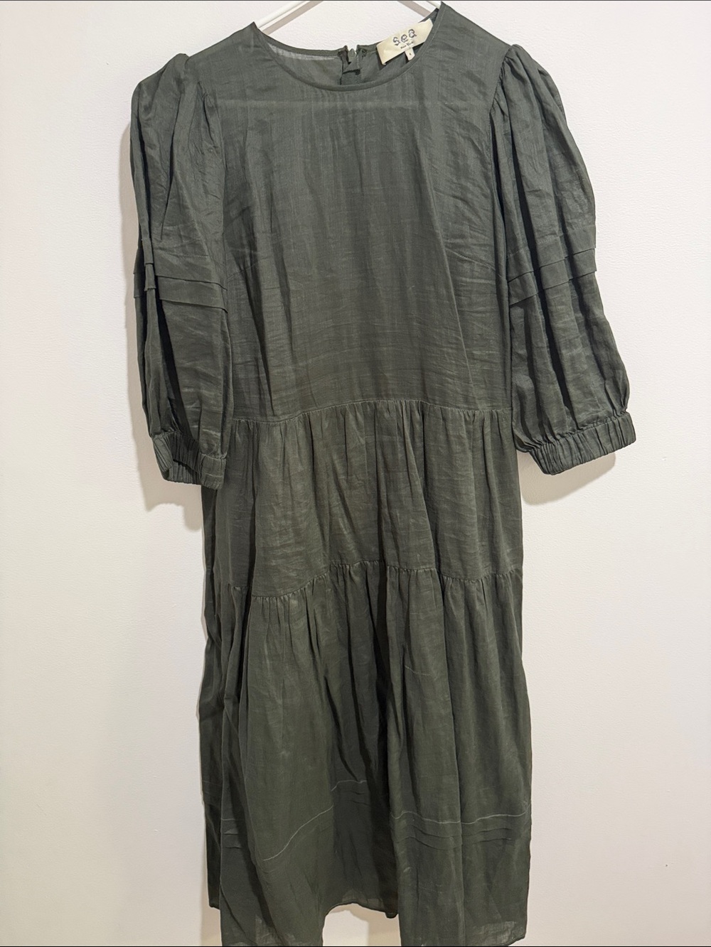 Sea Olive Green Tiered Midi Dress with Puff Sleeves Size 4 Good Condition